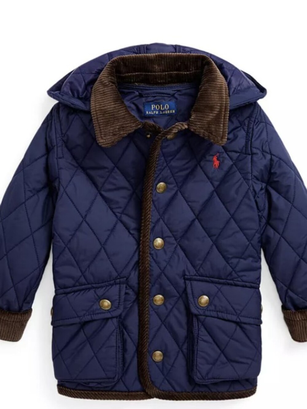 Polo by Ralph Lauren Navy Quilted Puffer Jacket with Brown Corduroy Trim, size 5
